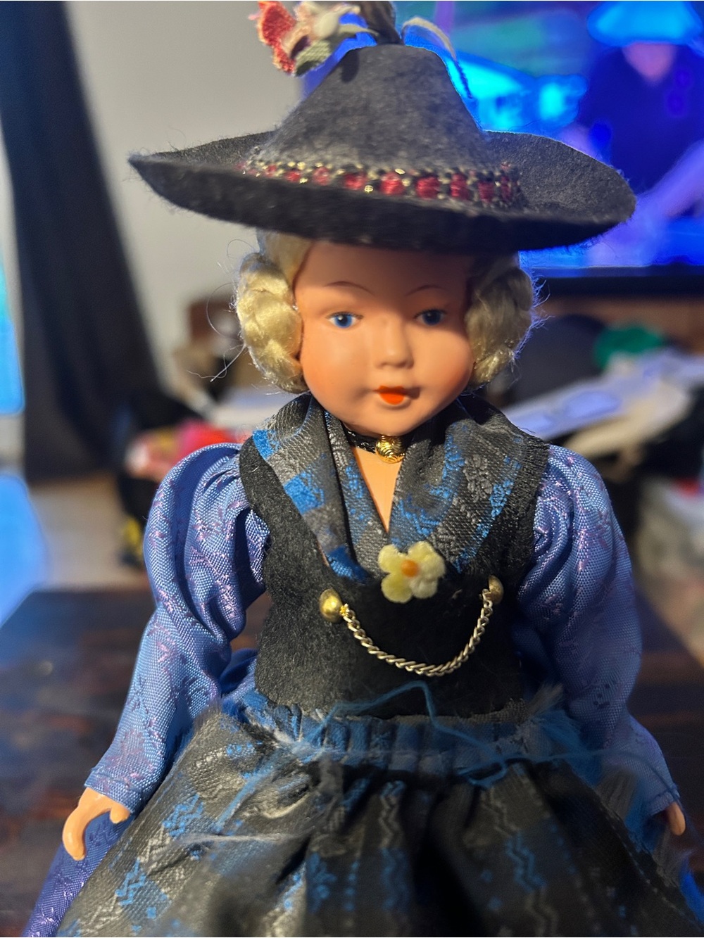 Vintage-Style Hand Doll in Black and Blue Outfit